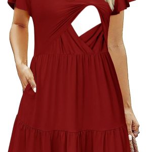 Women's Maternity Nursing Dress Ruffle Cap Sleeve Breastfeeding with Pockets-0