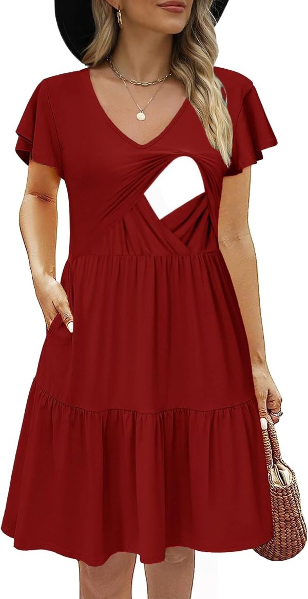 Women's Maternity Nursing Dress Ruffle Cap Sleeve Breastfeeding with Pockets-0