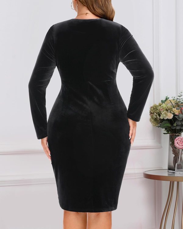 Pinup Fashion Plus Size Velvet Dress Long Sleeve Wrap V Neck Bodycon Sexy Ruched Cocktail Party Mini Dresses Women-1