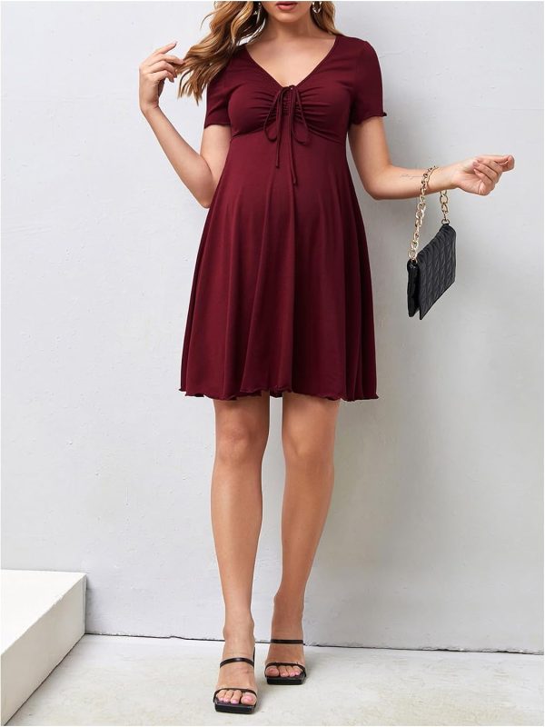 OYOANGLE Women's Maternity Bow Front Short Sleeve Dress V Neck A Line Pregnancy Casual Short Dresses-4