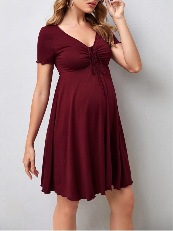 OYOANGLE Women's Maternity Bow Front Short Sleeve Dress V Neck A Line Pregnancy Casual Short Dresses-3