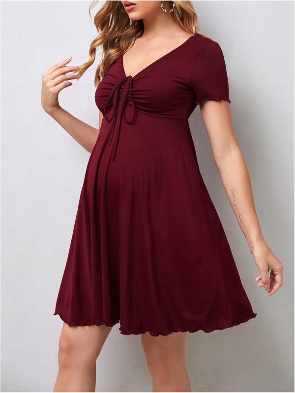 OYOANGLE Women's Maternity Bow Front Short Sleeve Dress V Neck A Line Pregnancy Casual Short Dresses-2