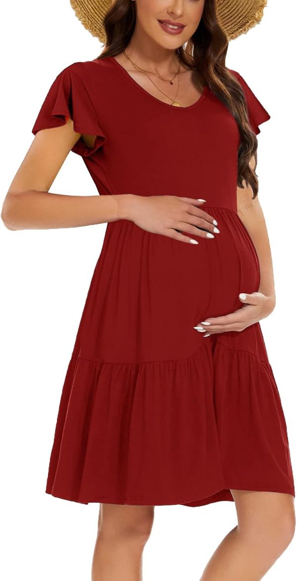 Women's Maternity Nursing Dress Ruffle Cap Sleeve Breastfeeding with Pockets-1