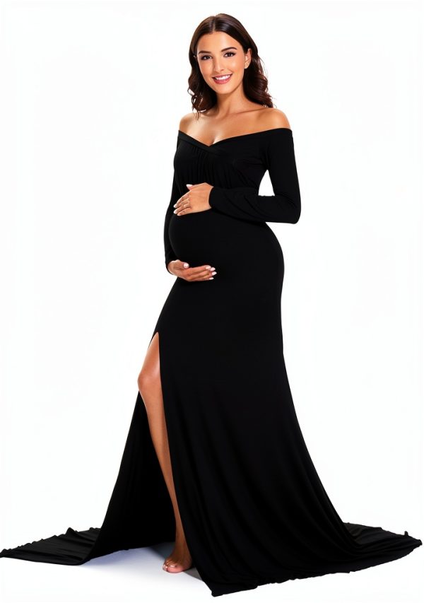 Maternity Photography Props Off Shoulder Long Dress Peach Pink-1