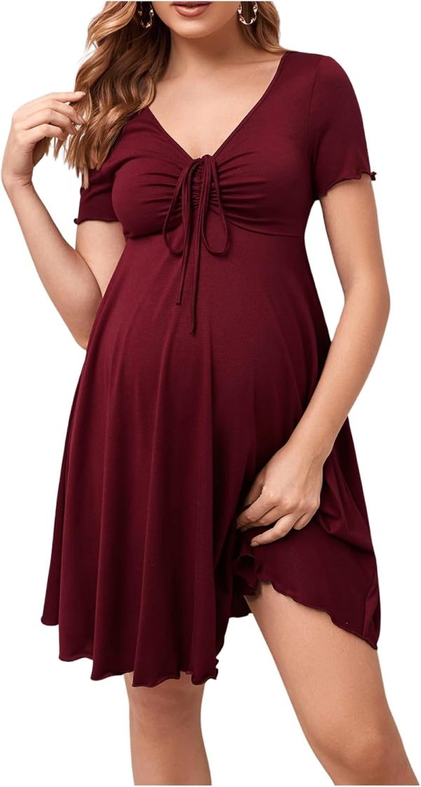 OYOANGLE Women's Maternity Bow Front Short Sleeve Dress V Neck A Line Pregnancy Casual Short Dresses-0